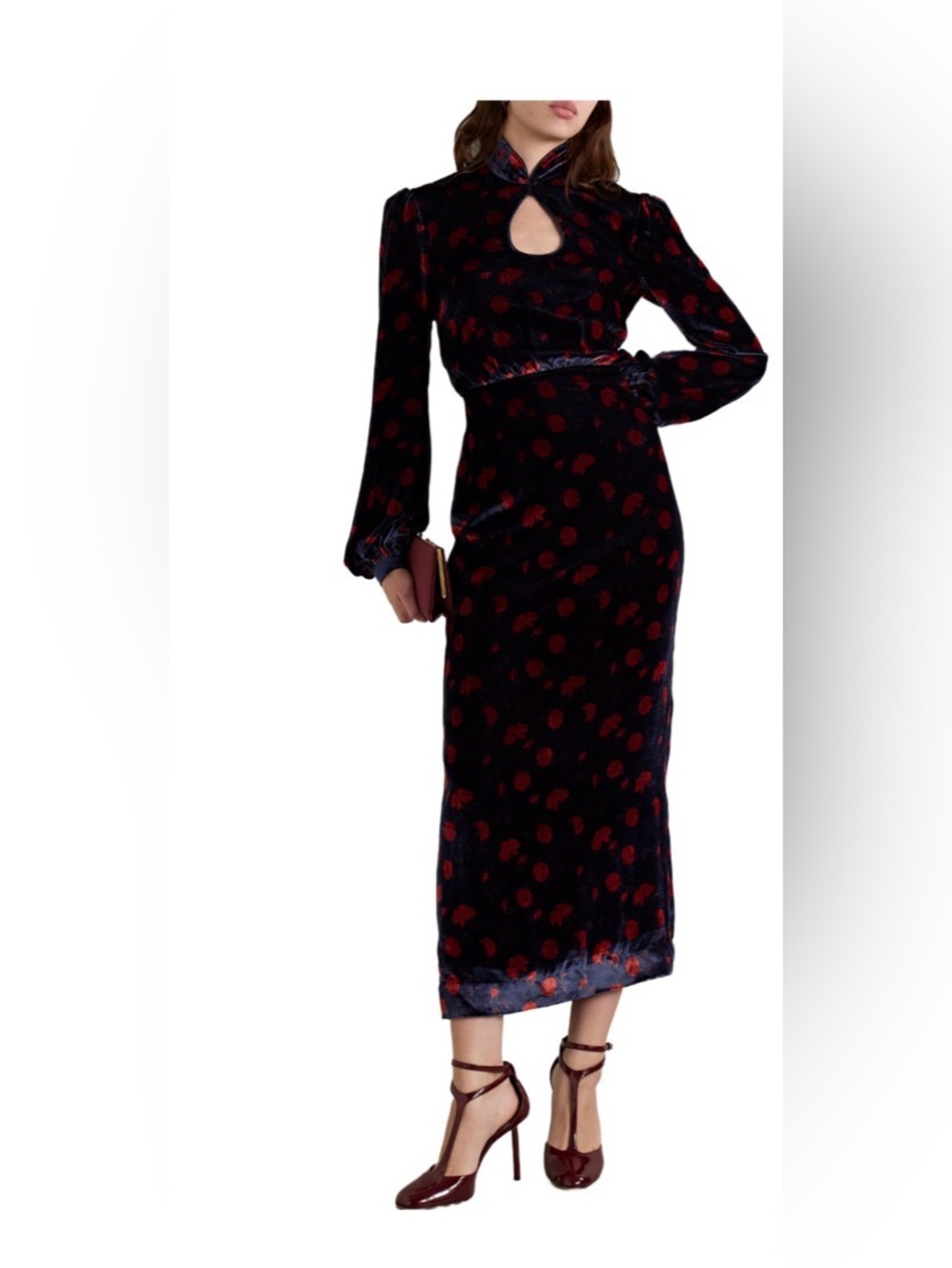 SALONI Navy Velvet Maxi Dress with Red Spot Print